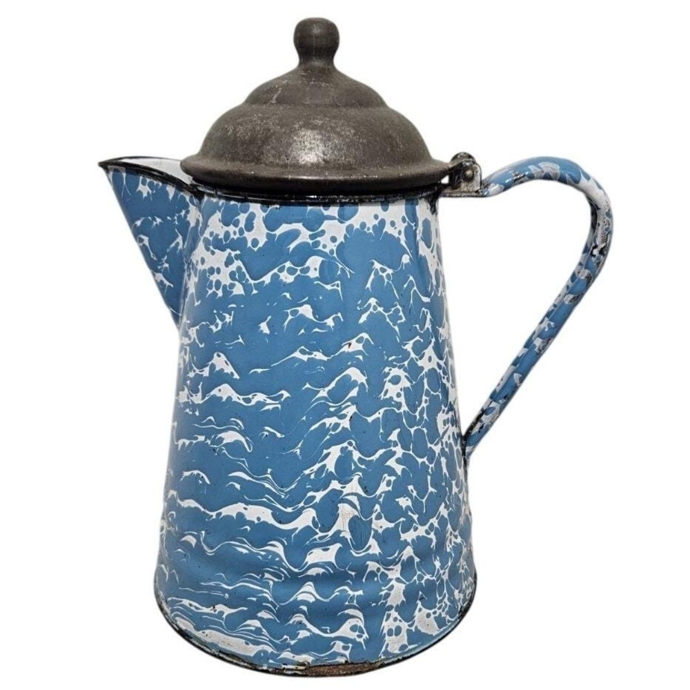 Vintage Blue White Marbled Graniteware Coffee Pot Enamelware Pitcher Hinged Lid